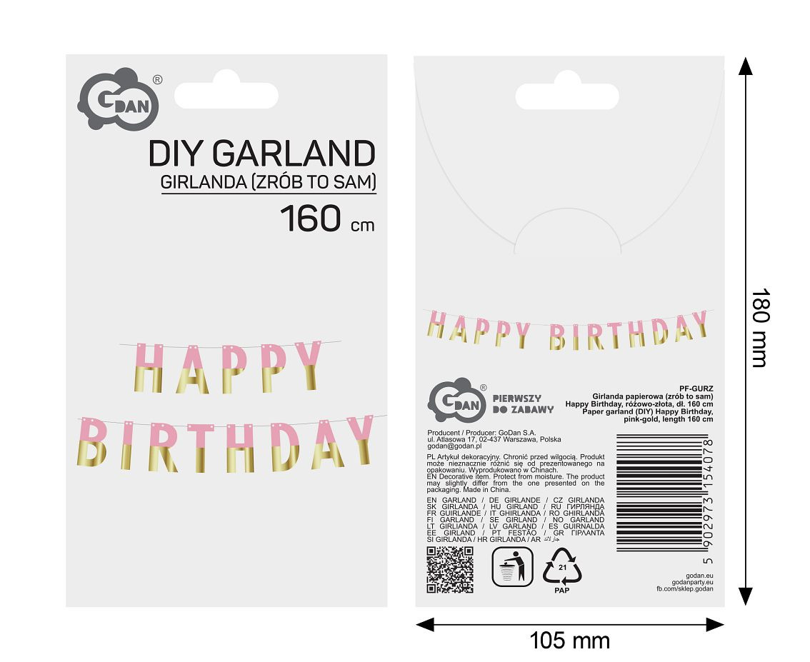 Paper garland (DIY) Happy Birthday, pink-gold, length 160 cm